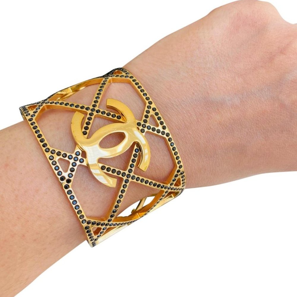 Chanel Cuff Bracelet In Gold with Black Crystals